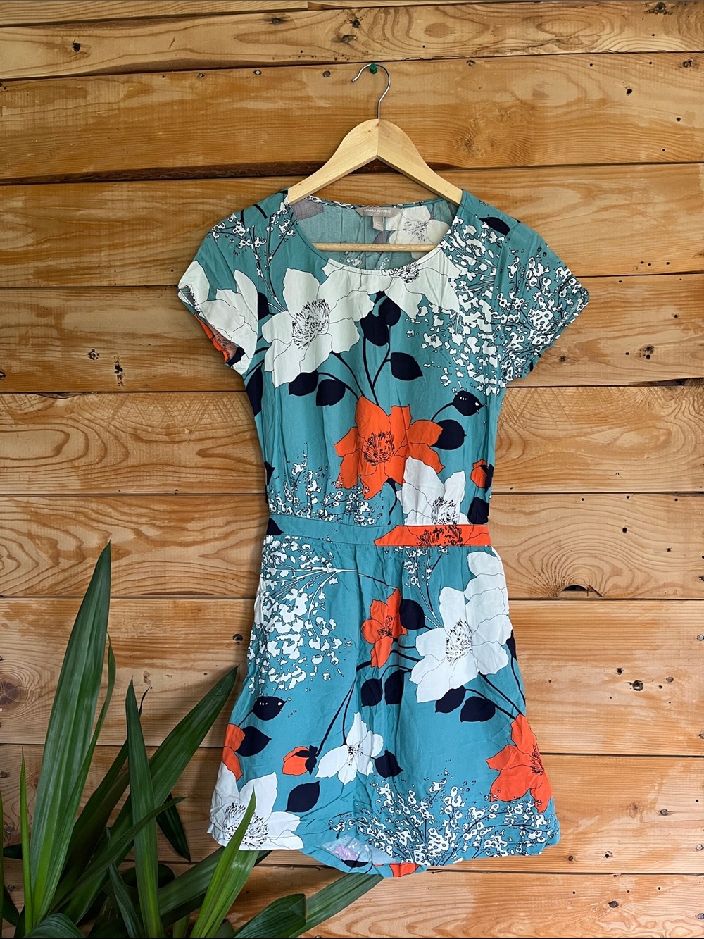Banana Republic Teal Floral Mini Dress with Orange and White Blooms